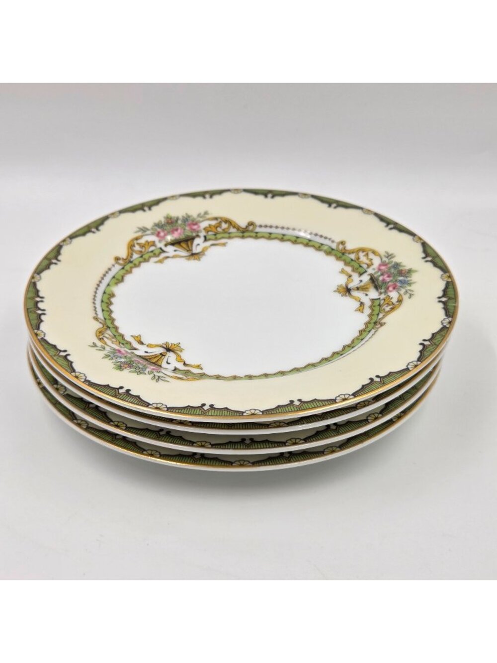 Noritake Penelope Set of 4 Bread and Butter Plates Green Pink Roses Gold Trim